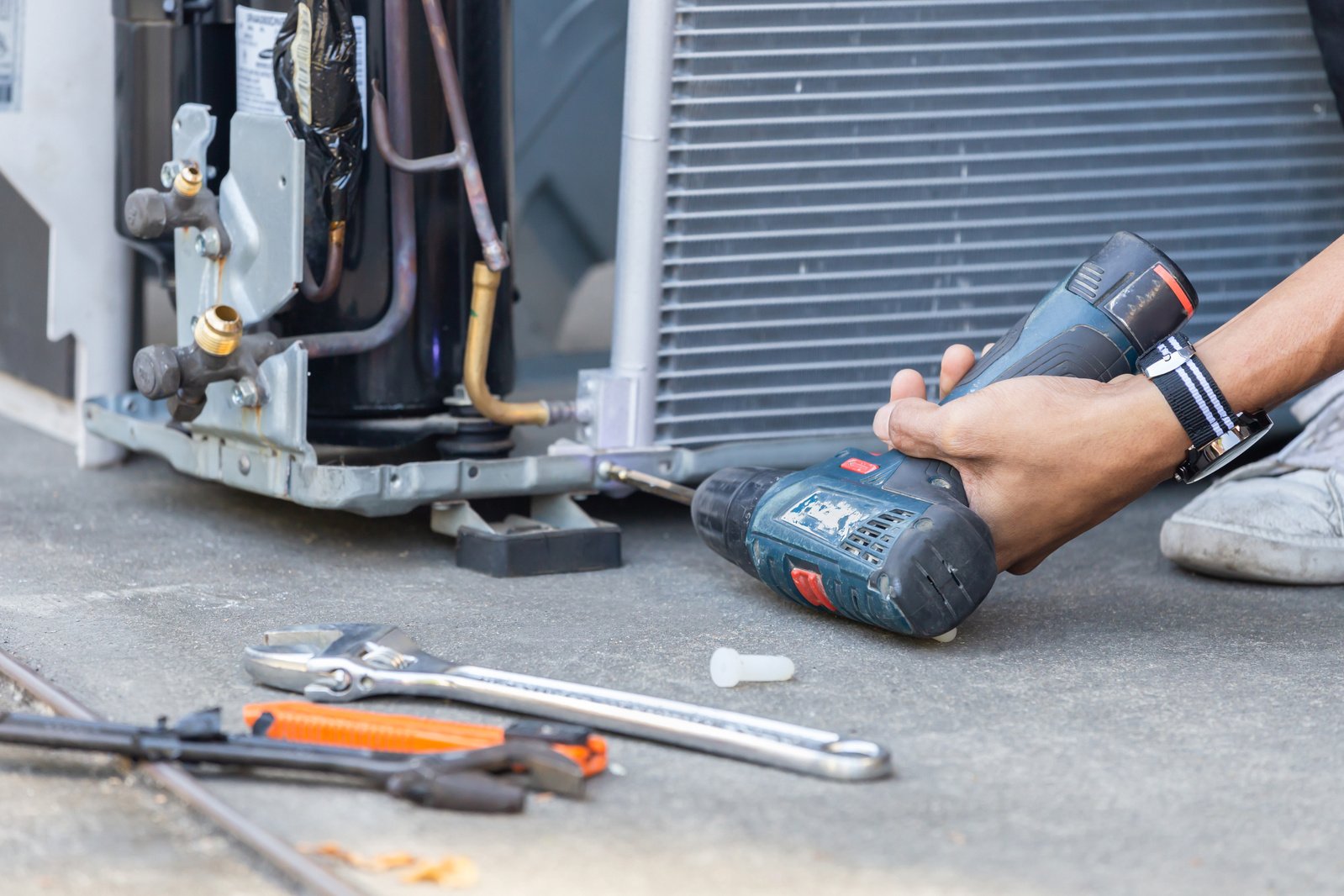 Selective Focus Air Conditioning Repair, Technician Man Hands Us